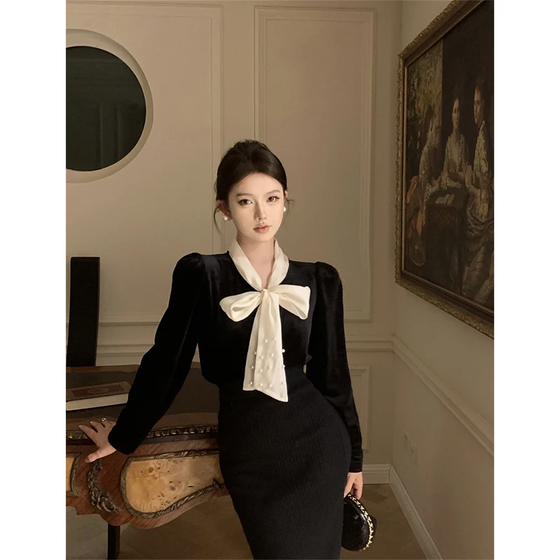 MEXZT Vintage Bow Shirts Women Elegant Black Velvet Blouses Office Lady Korean Party Long Sleeve Chic Basic All Match Tops New