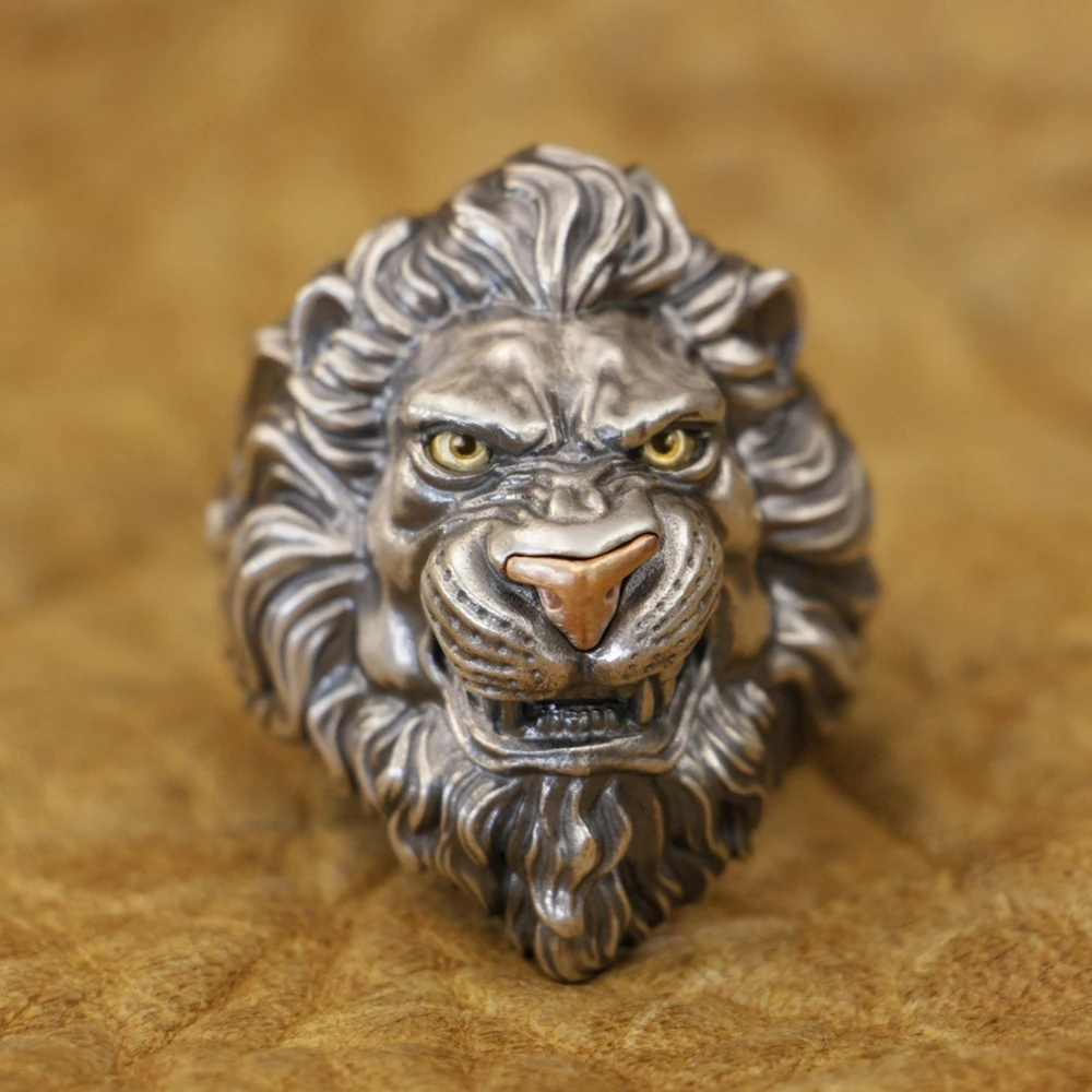 Copper Nose Brass Eyes 925 Sterling Silver Angry Lion Adjustable Ring TA428 US Size 8 to 15