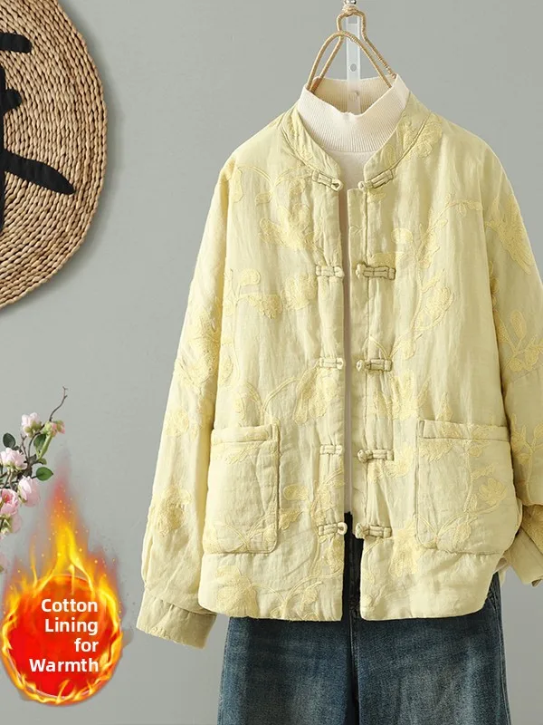 

Теплая хлопковая куртка женская с воротником-стойкой, вышивкой и пуговицами, осенне-зимняя, новая, в китайском стиле, модная.