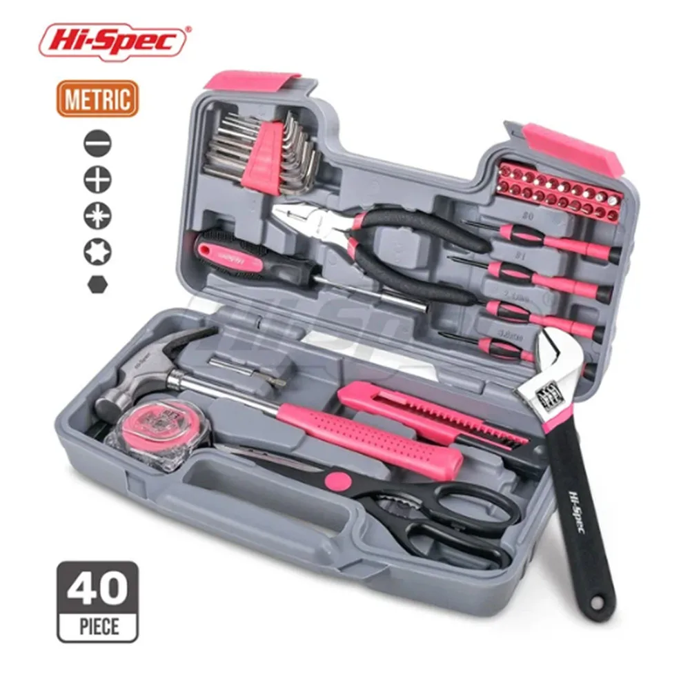 Hi-Spec 40pcs Pink Hand Tool Set Kit  Electric Screwdriver Li-ion Battery Gril Lady Women Household Power Tool Set