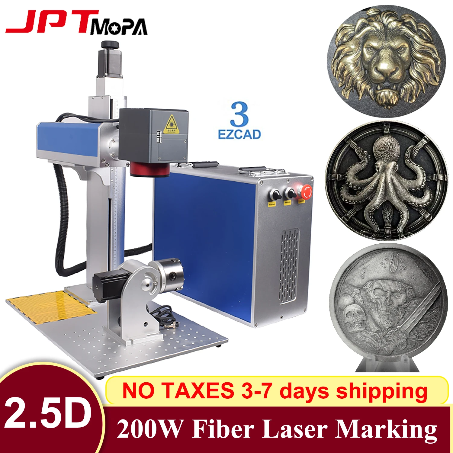 2.5D Fiber Laser Marking Machine 200W JPT Mopa 3D Laser Deep Engraving Ezcad3 3D Relief Effects Cutting Jewelry Engraving Metal