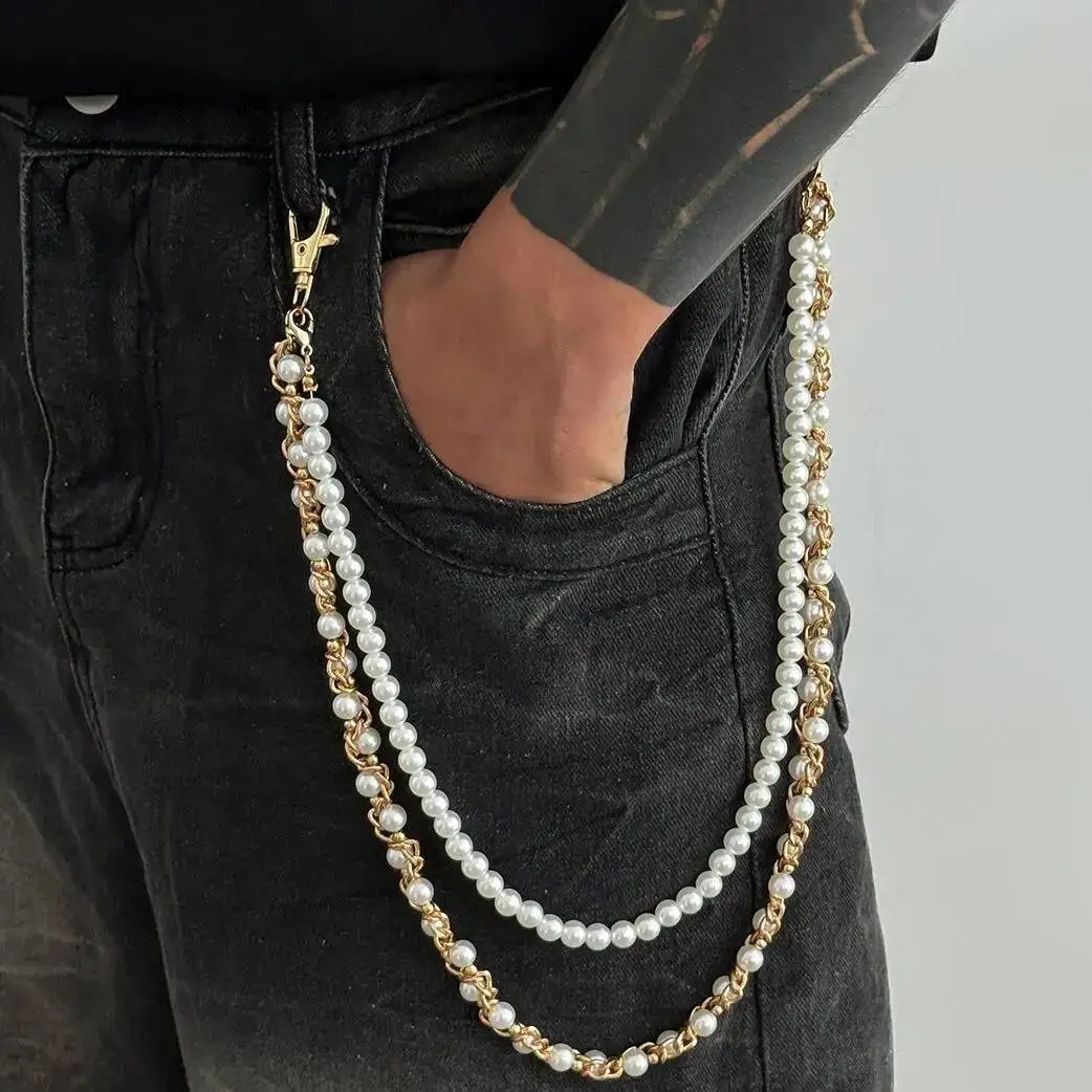 z punk imitação de pérola calças hipster jean chaveiro masculino requintado borla saco bolsa corrente tendência jóias presente