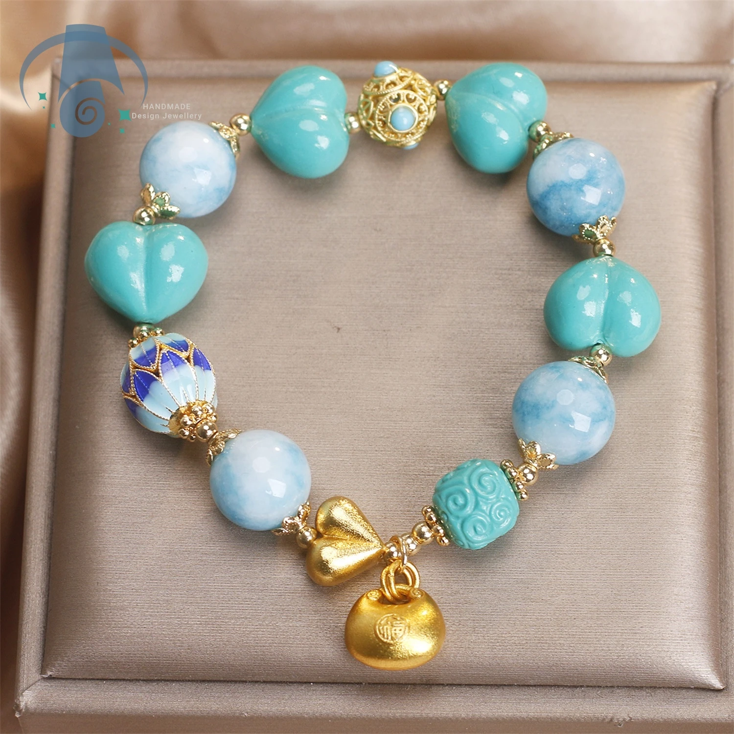 Elegant Natural Larimar Beaded Bracelet Turquoise Charm Heart Peach Shape Polished Smooth High End Women Fashion Jewelry Gift Se