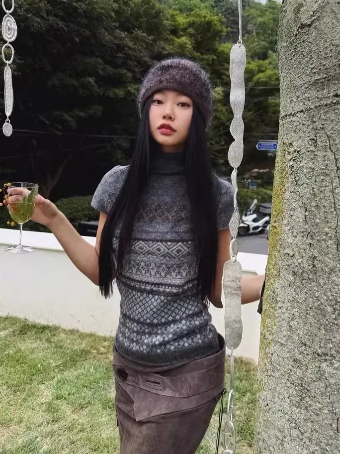 

Вязаный шерстяной топ с высоким воротником и винтажным цветочным узором для женщин, повседневная одежда, средняя плотность вязки