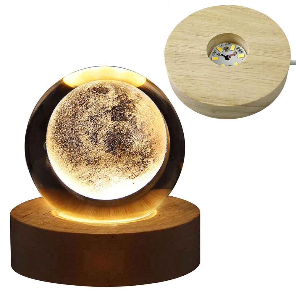 LED Crystal Ball Night Light Solar System Crystal Ball 3D Engraved Planet Nightlight with Wooden Base USB Charging Gift for Kids