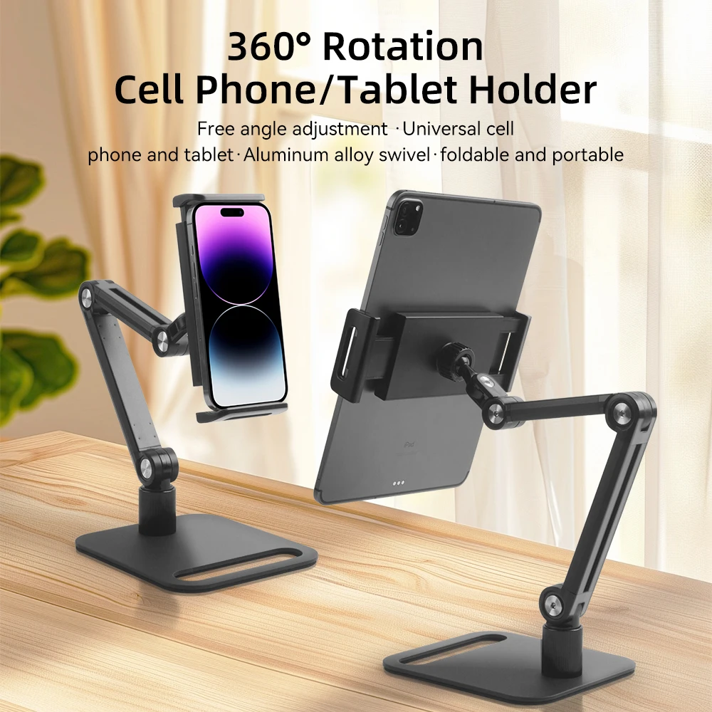 Long Arm Aluminum Alloy Tablet Stand Adjustable Folding iPad Stand Ergonomic 360°Rotatable Tablet and Phone Clamp Mount Holder
