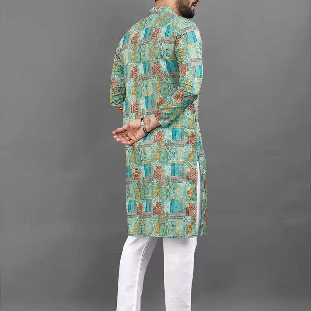 قميص كورتا مطبوع رقميًا للرجال لعام 2026 بقصة عادية وياقة الماندرين طويلة مناسبة لجميع المناسبات مثل الزفاف Hari Raya Aidilfitri #2