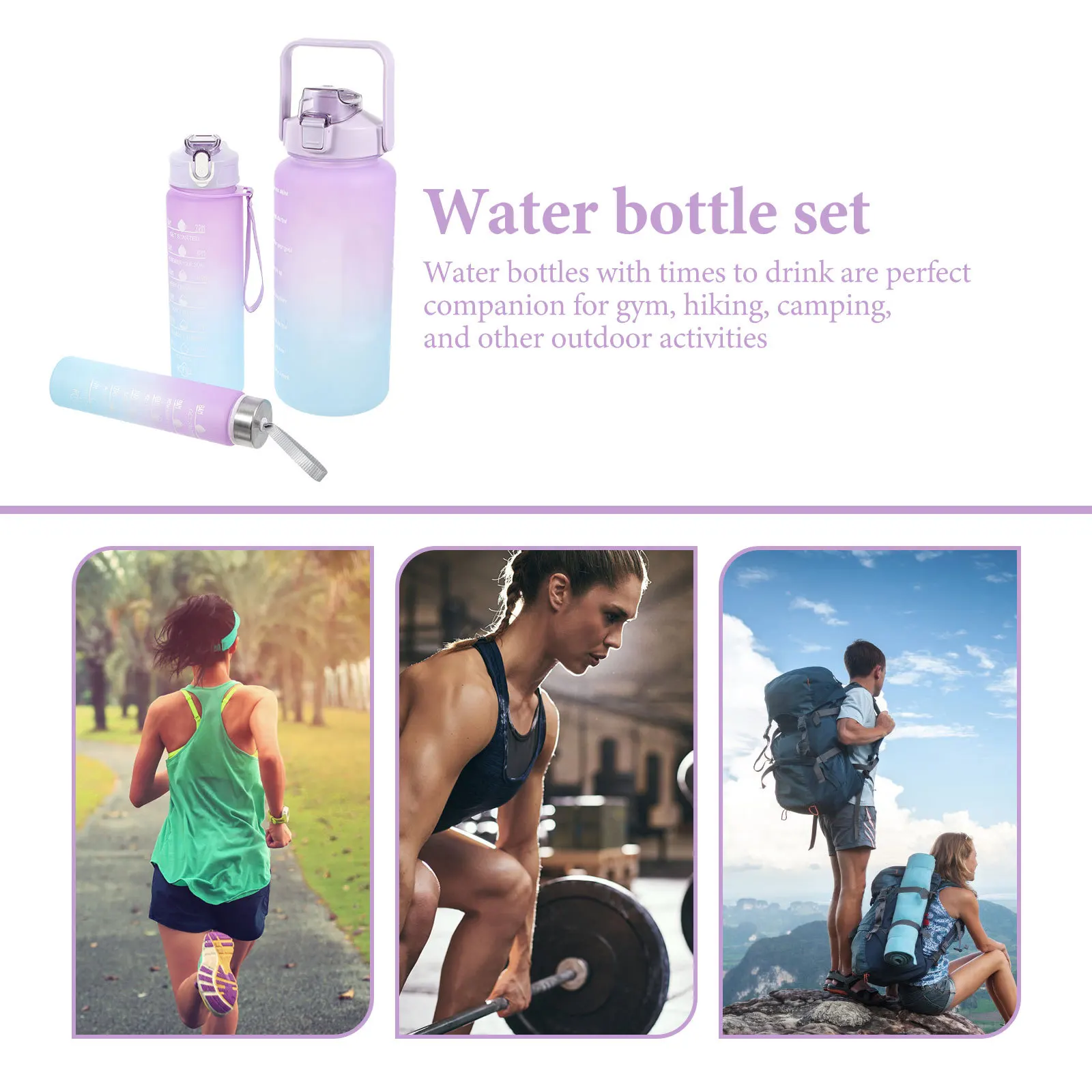 

3Pcs Sports Water Bottle Set Fitness Workout Bottles Time Marker Gym Hiking Camping Large Capacity 2L 900Ml 300Ml Motivational