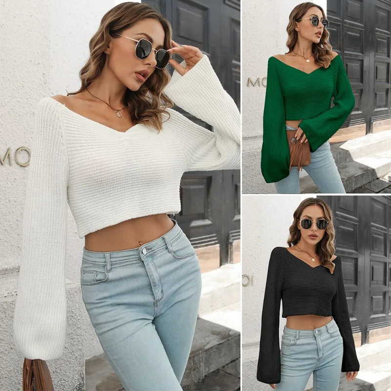 

Autumn and Winter Europe and America Long Sleeves Sweaters Y2k Clothes Folds Bell Sleeves Short Style Loose Fashion Pullover