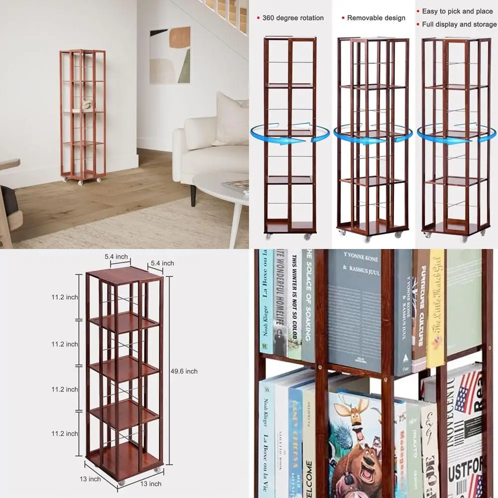 

5-уровневый книжный шкаф на колесиках, вращающаяся на 360 градусов бамбуковая книжная полка, отдельно стоящий органайзер для хранения, книжная полка с колесиками для спальни,