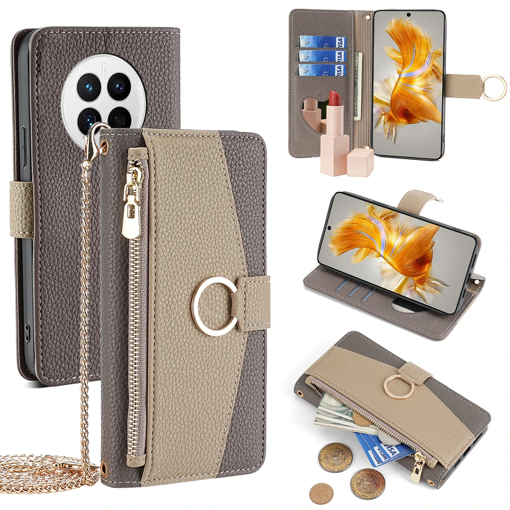 Metal Chain Crossbody Case for Huawei Mate 40 30 Pro Plus 20 10 Lite P50E P40 Lite E P30 P10 Wallet Leather Cover with Mirror