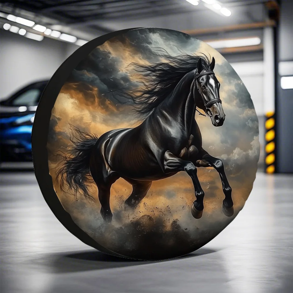 Cubierta de neumático galopante de caballo negro, Protector de rueda de remolque impermeable de poliéster, cubierta de neumático de repuesto