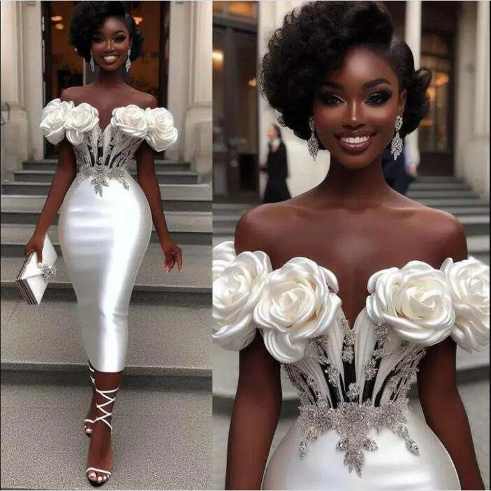 Floral Rose Beaded Prom Gowns Off Shoulder Ruffle Ivory Formal Party Dresses Flower Midi Length Prom Gowns Long