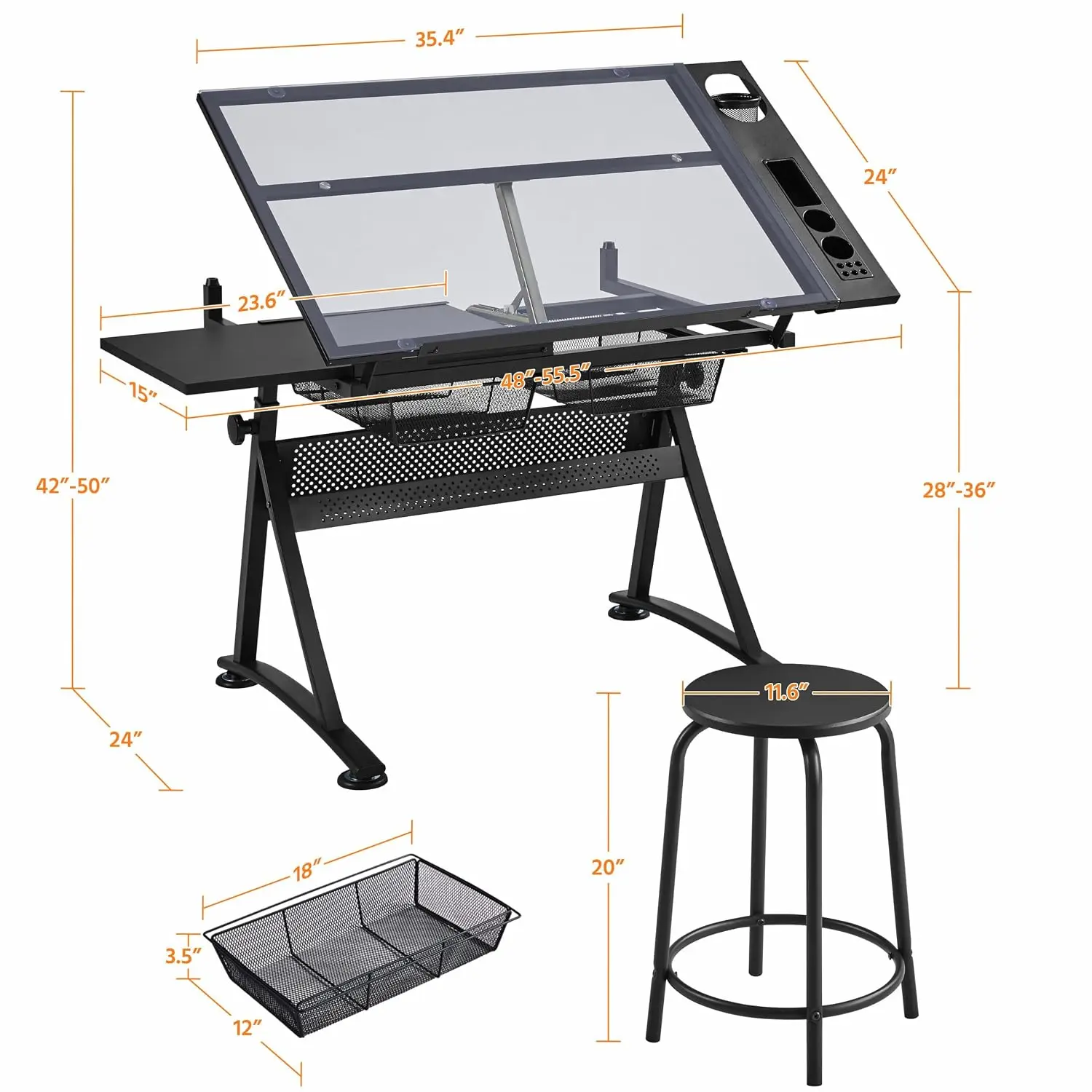 Adjustable Drafting Table & Stool, Tilting Glass Art Desk, Black