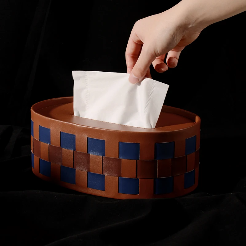 

Oval Checkered Leather Tissue Box Luxury Woven Desktop Holder Living Room Premium Decorative Paper Dispenser