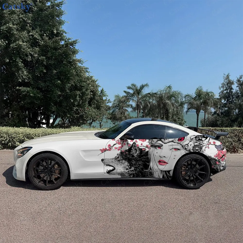 

2pcs Cherry Blossom Wolf Girl Car Side Wraps, Self-Adhesive PVC Waterproof & Scratch-Resistant Stickers, Car Accessory Gift