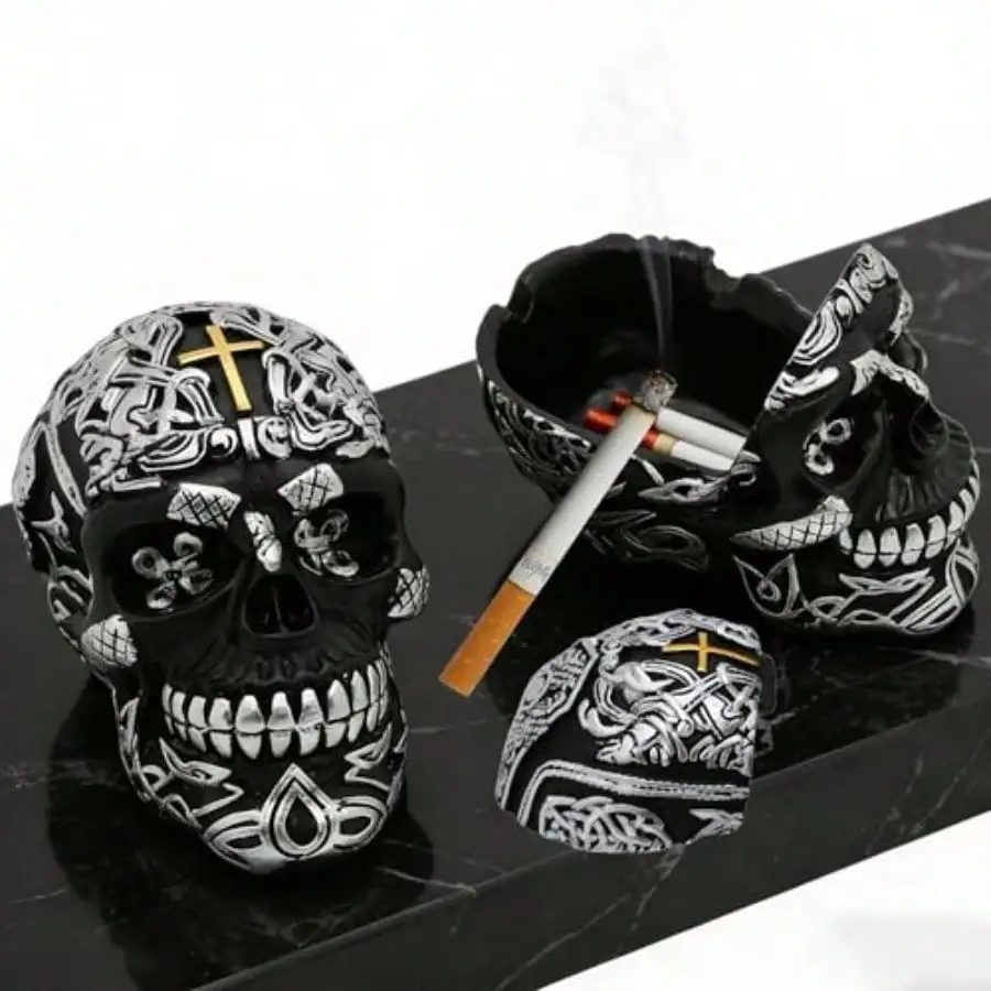 

Cross Skull Ashtray With Lid - Windproof Tabletop Resin Cigarette Ash Tray For Home Office Tabletop Outside Or Inside Patio Outdoor