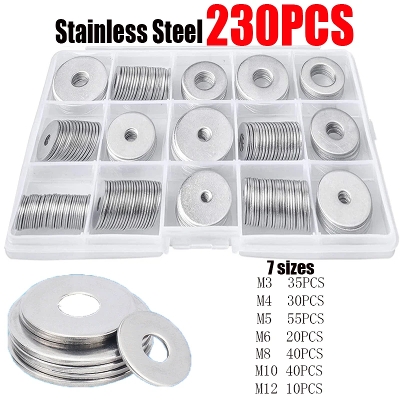 

230PCS M3 M4 M5 M6 M8 M10 M12 304 Stainless Steel Large Fender Washers Assortment Kit 15 Sizes Enlarged Flat Washer