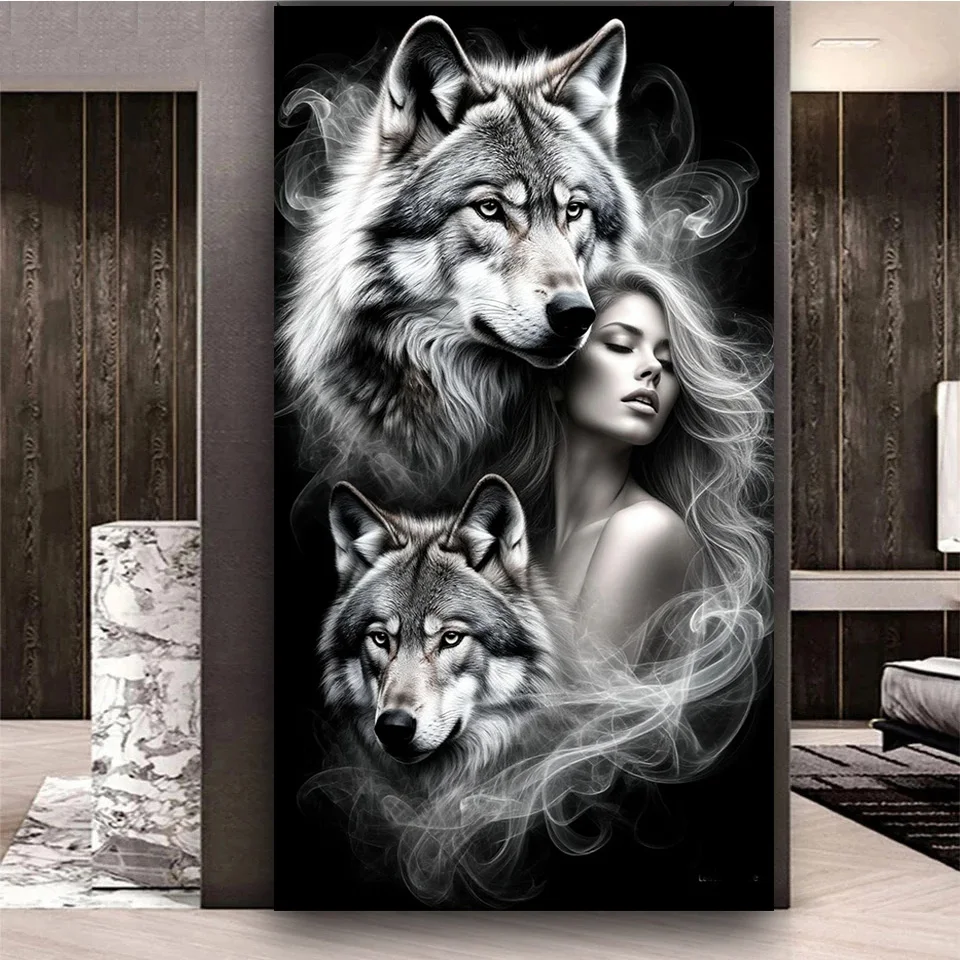 

Diamond Painting Amazing Black White Wolf Woman Art,DIY Full Diamond Embroidery,Mosaic Home Decor,Cross Stitch Halloween Gift