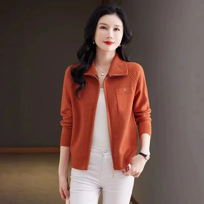New 2024 Zipper Lapel knitting Sweater Cardigan Spring Autumn Woman Long-sleeved Elegant Loose Knitwear Female Jacket Tops