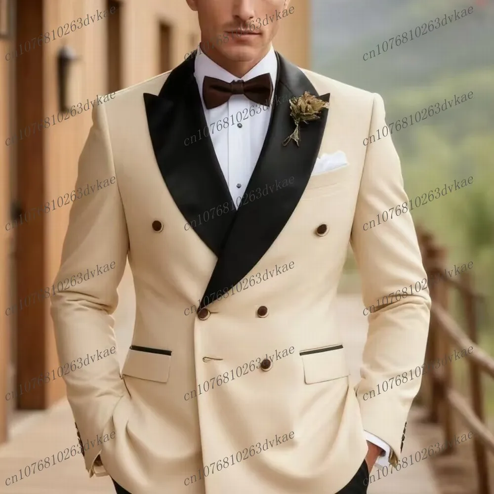 

New Beige And Black Men Suit Wedding Party Formal Groom Groomsman Prom Business Male Tuxedos 2 Piece Set Jacket Pants