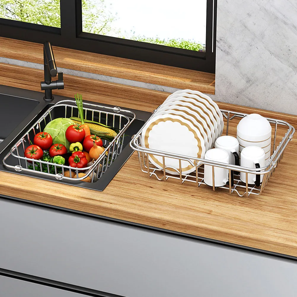 Stainless Steel Sink Basket Dish Drainer Rack Kitchen Drain Holder Countertop Utensil Drying Rack Large Capacity Multi Function