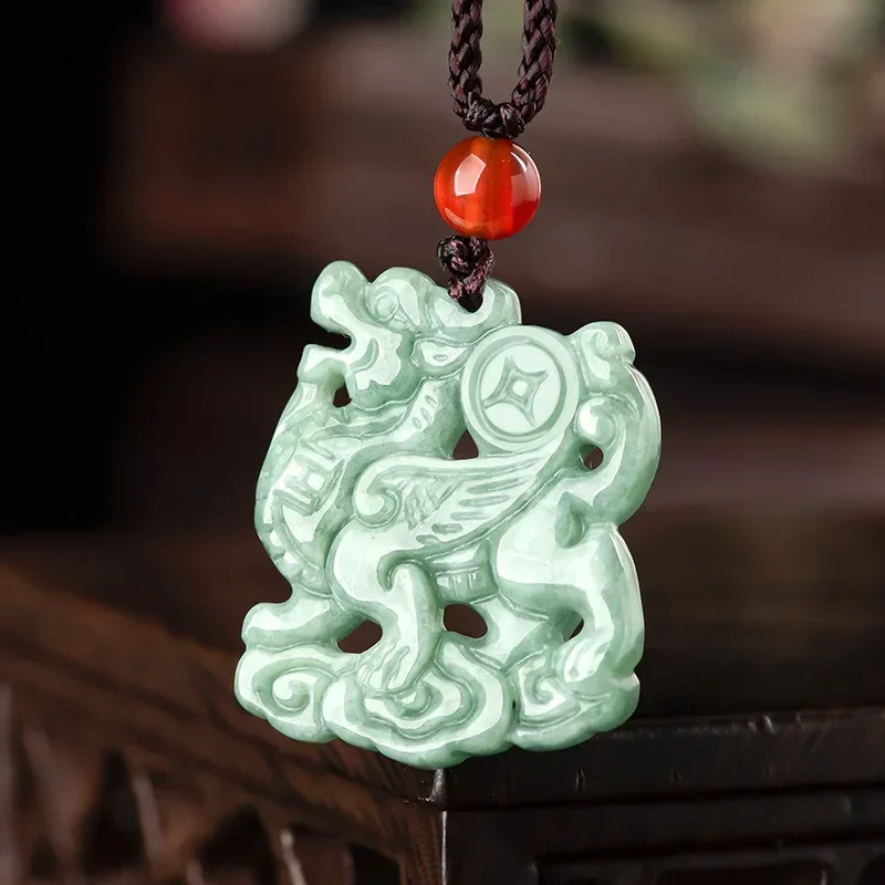 Natural Burma Jade Kirin Pendant Necklace Men Women Feng Shui Charm Genuine Myanmar Jadeite Lucky Beast Kirin Amulets Necklaces