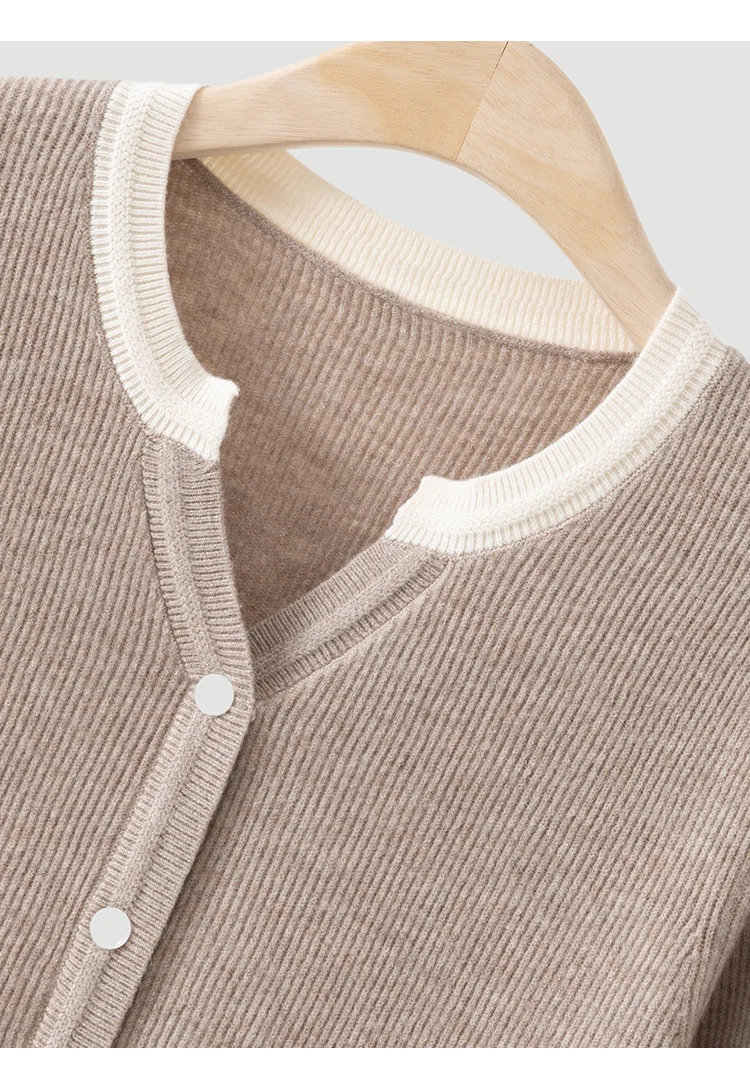 ML62125 Damen Schicker V-Ausschnitt Kurzarm Strickjacke mit Knopfleiste, gerippt, aus Modal-Mischgewebe, Frühherbst-Pullover – Detail 13