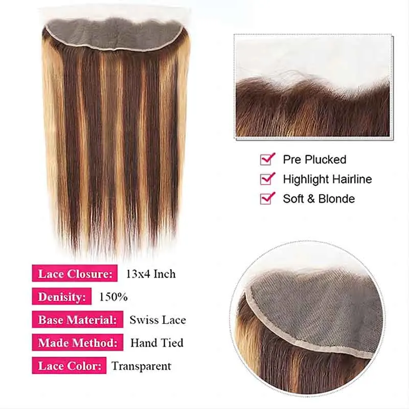 Mèches Brésiliennes Naturelles Remy Lisses à Reflets P4/27, avec Dentelle Transparente 13x4, Pré-Épilées, Cheveux de Bébé, 3/4