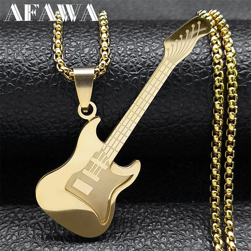 Attractive Guitar Musical Instrument Pendant Necklace for Women Men Stainless Steel Gold Color Hip Hop Music Chain Gift Jewelry