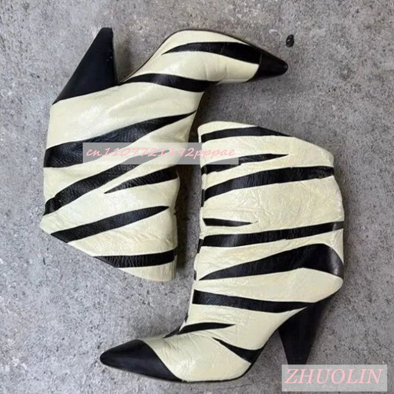 أبيض وأسود الربط مخطط أحذية بوت قصيرة وأشار كعب مخروطي الانزلاق على الأحذية المستقيمة موضة بسيطة حفلة المنصة الأحذية النسائية