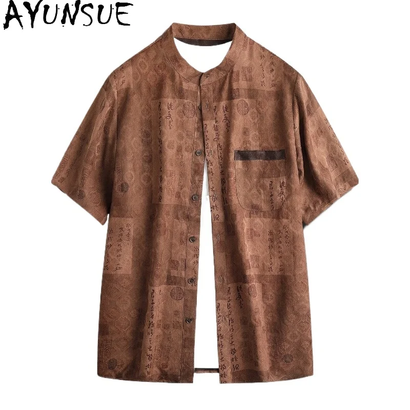 

AYUNSUE High-end 100%Natural Mulberry Silk Shirts for Men 2026 Summer Top Short Sleeve Jacquard Shirt High Quality Fashion Shirt
