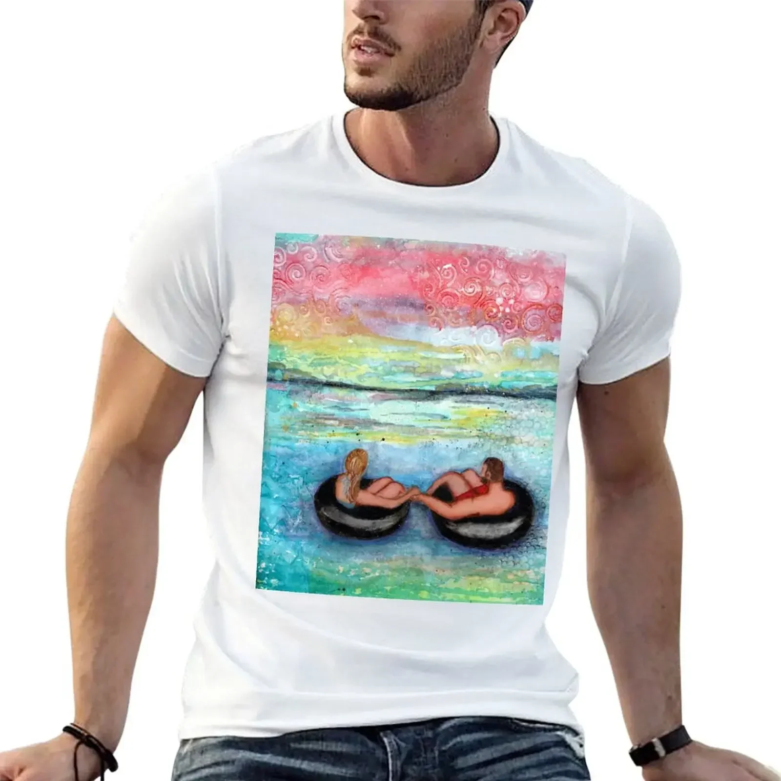 Wedding on the river; mixed media watery scene T-Shirt baggy shirts new edition Aesthetic clothing cotton t shirt men