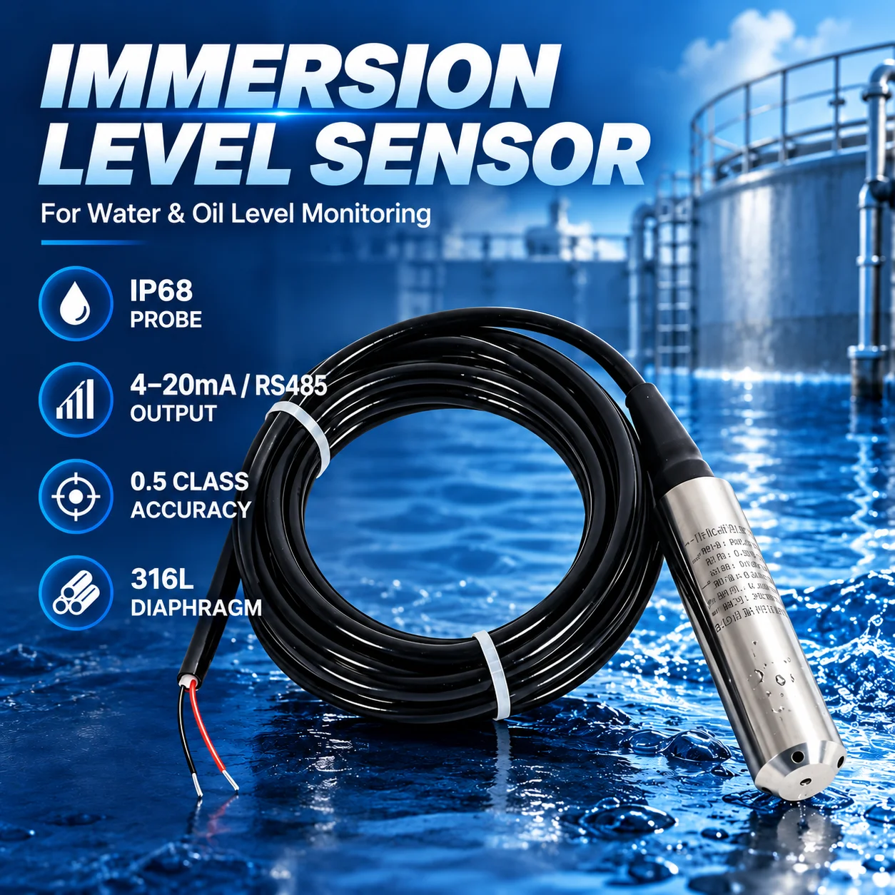 Liquid Level Transmitter Hydrostatic Water Level Sensor 0-10m 4-20mA IP68 Stainless Steel Probe 24V DC