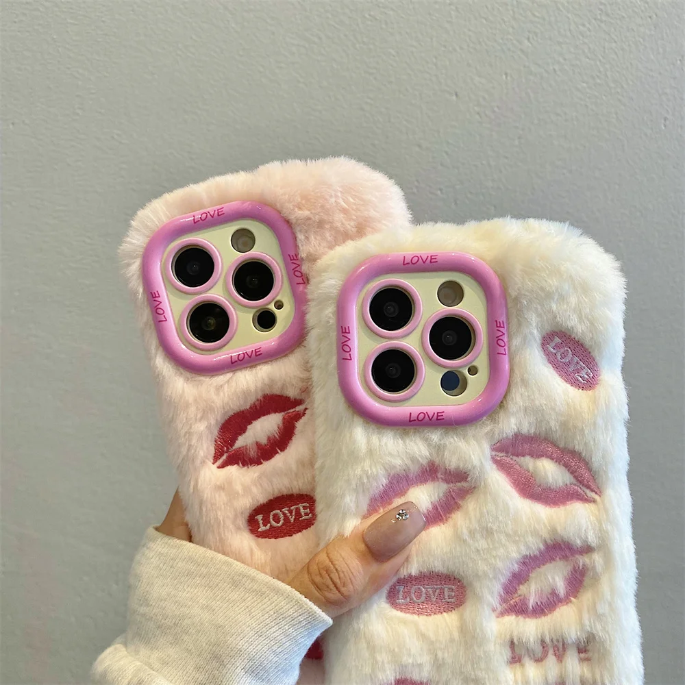 Plush Embroidered Lip Print Phone Case Suitable for iPhone 11 12 13 14 15 16 ProMax 14 15 16 Plus Lens holder Protection Case