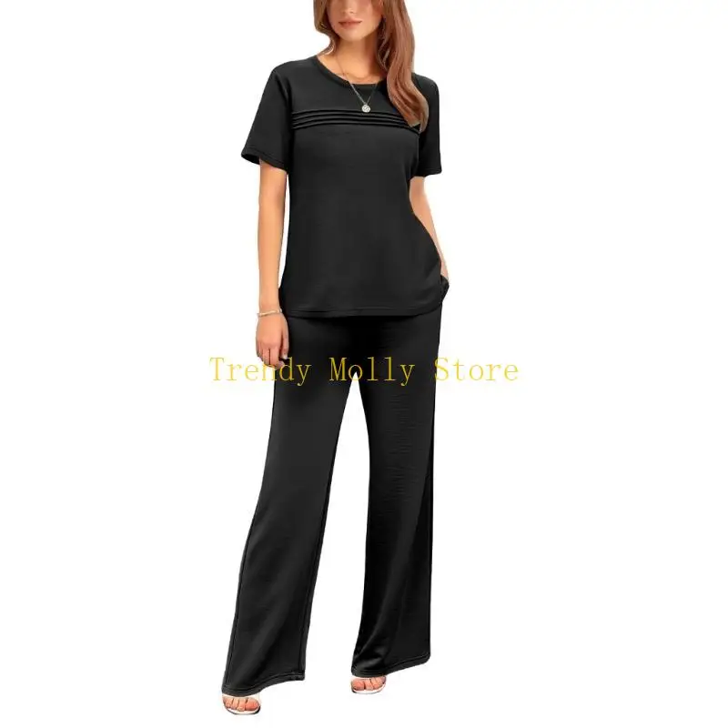 N5KB Traje piezas para mujer, trajes vacaciones viaje, conjuntos casuales manga corta, pantalones pierna con