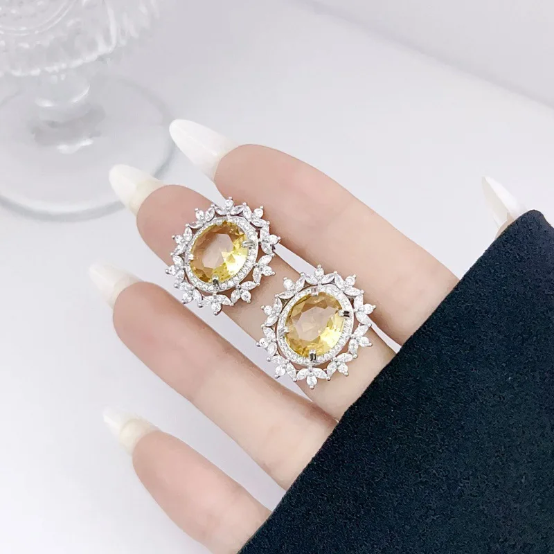 S925 silver dazzling earrings, gold lapis lazuli stud earrings, elegant oval-shaped party and banquet jewelry for women