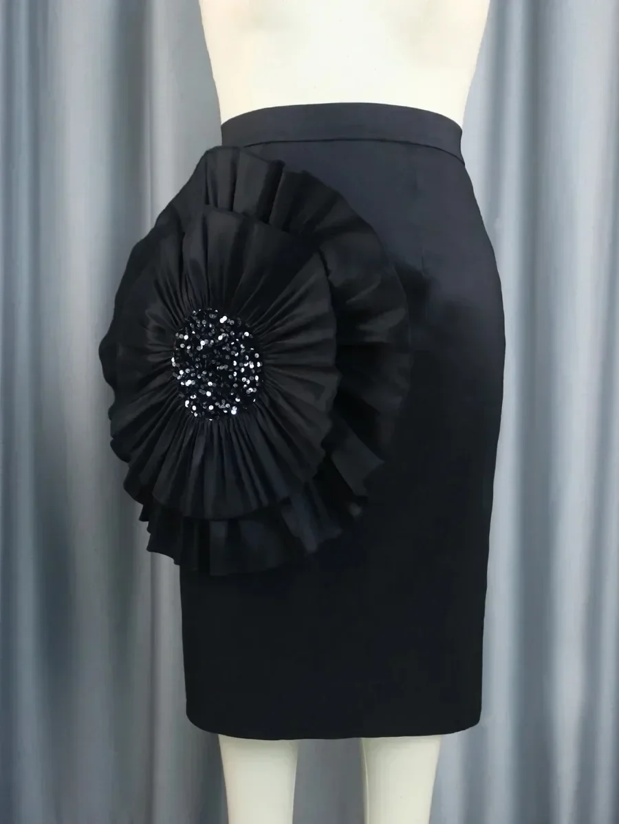 Customized Empire Skirts Red Straight Flower Appliques Shiny High Street Evening Cocktail Party Package Hip Midi Skirt for Women