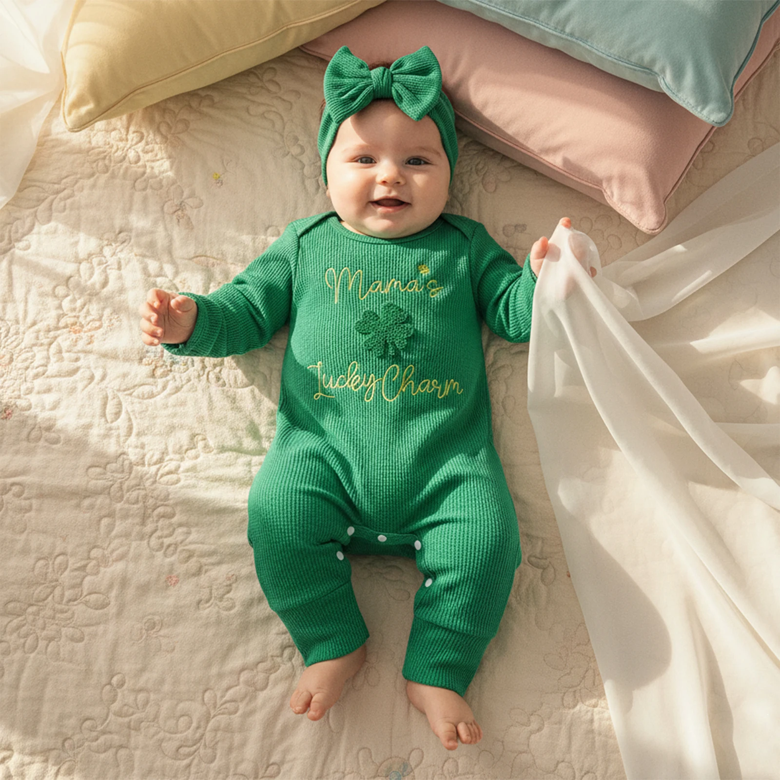 Baby Girl Spring Romper Long Sleeve O Neck Letter Clover Embroidery Jumpsuit with Headband Costume