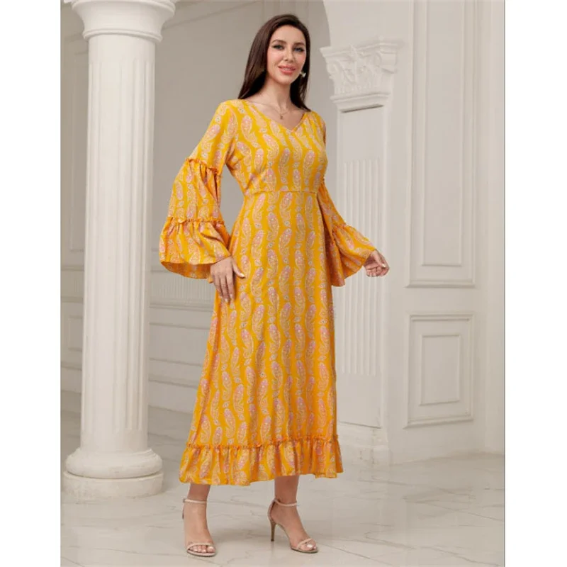 Muslim Print Maxi Dress Abaya Flare Sleeve African Women Vestidos Robe Gowns Ramadan Eid Arab Islamic Clothing Djellaba Caftan