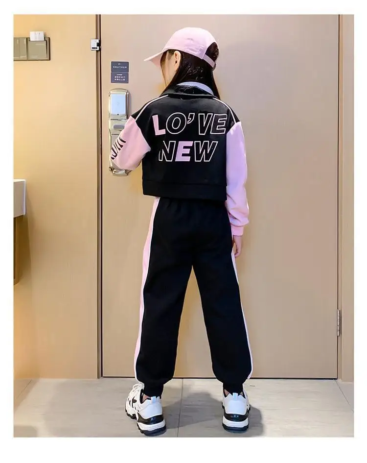 Junior Girls Baseball Suit Spring and Autumn Clothing Kids Fashion Splicing Lapel Jacket Casual Long Pants 2 Pcs Sweatshirt3-15Y