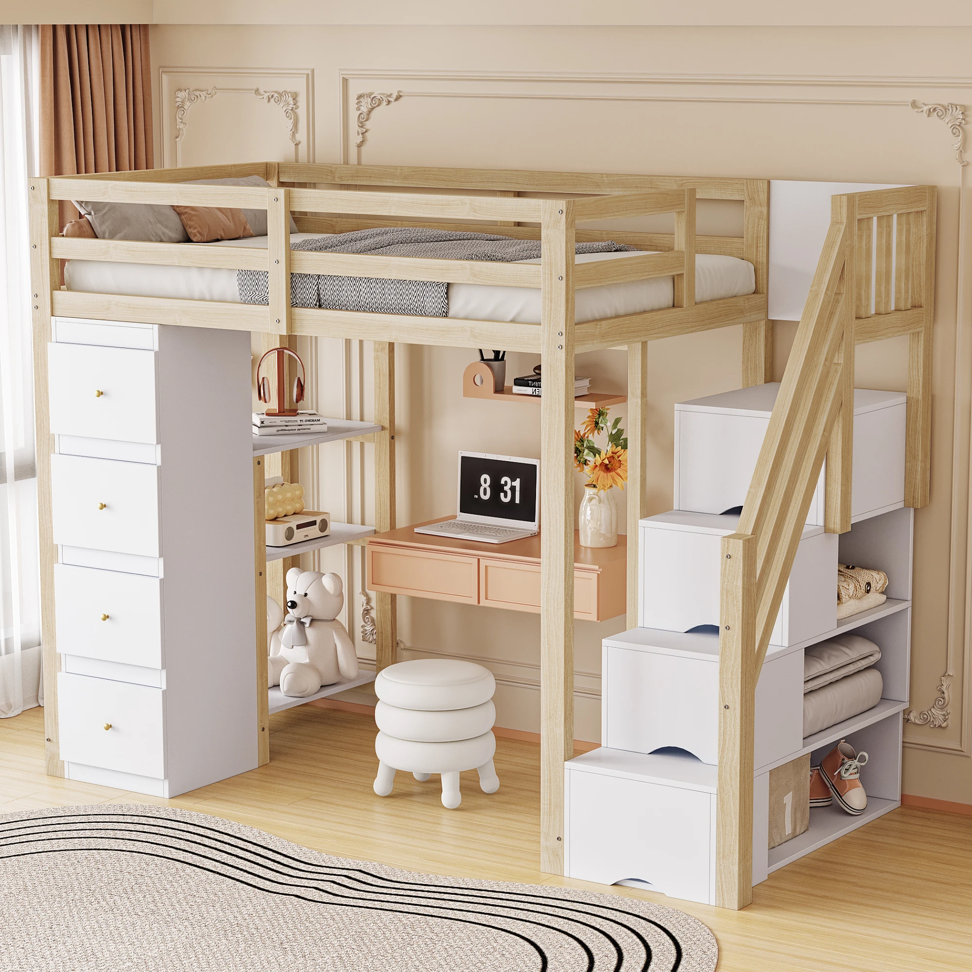 High Bed 90*200cm Safety Climbing ladder with storage s drawers Multifunctional Solid Wood bed Wood Color