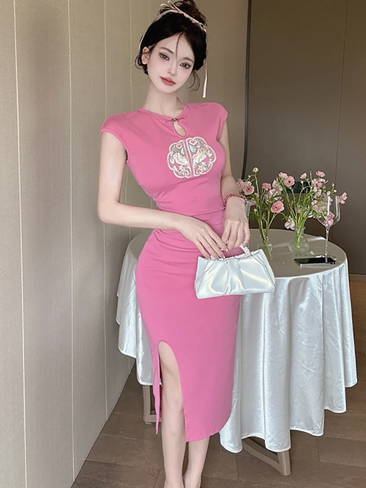

Women Pink Cotton Embroidery Short Sleeve Dress Summer Korean Vintage Bodycon Dress 2026 New Elegant Luxury Festival Party Dress