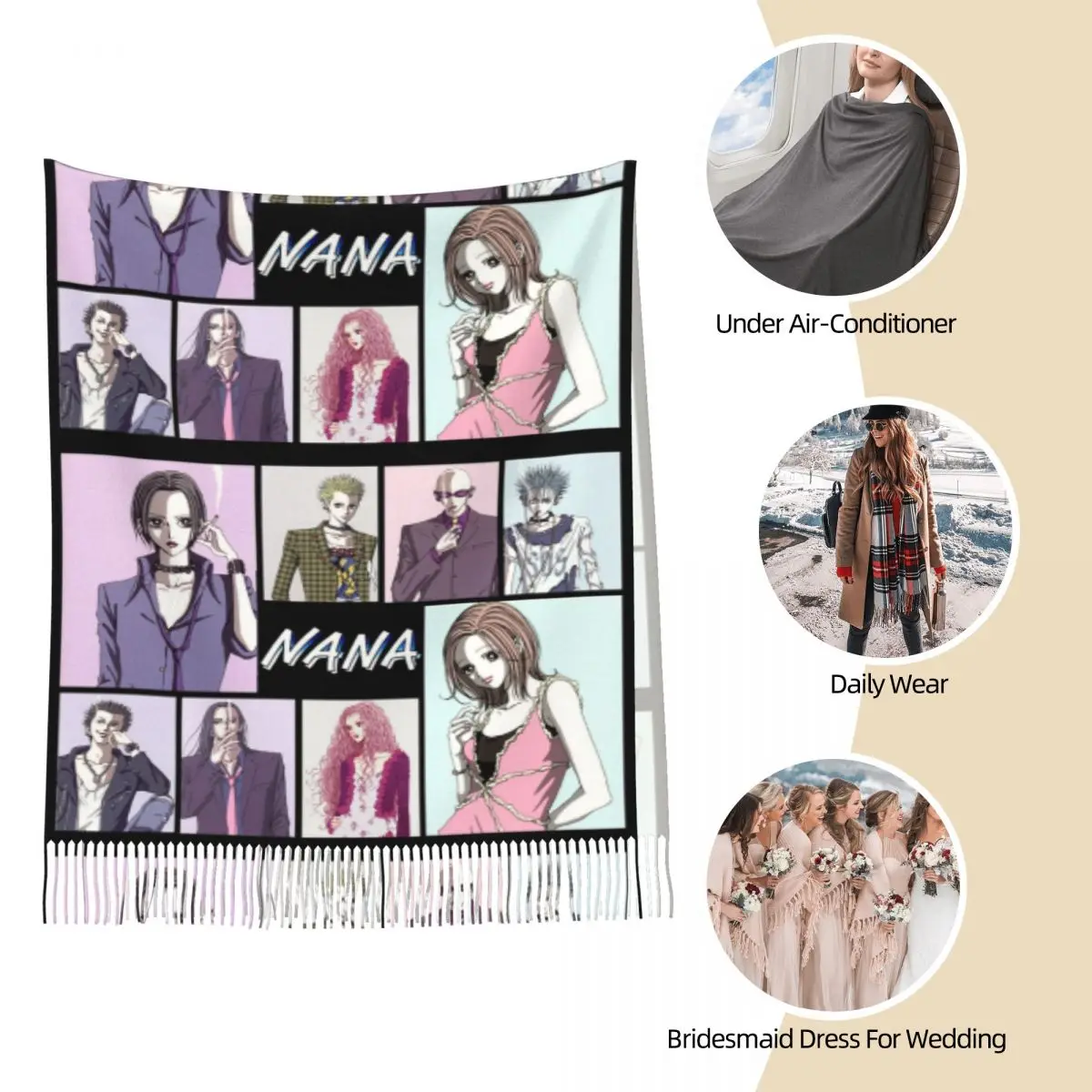 نانا أوساكي كوماتسو شينيتشي وشاح للمرأة خريف شتاء الباشمينا شال التفاف مانغا الأوشحة الكبيرة مع شرابة للارتداء اليومي #4