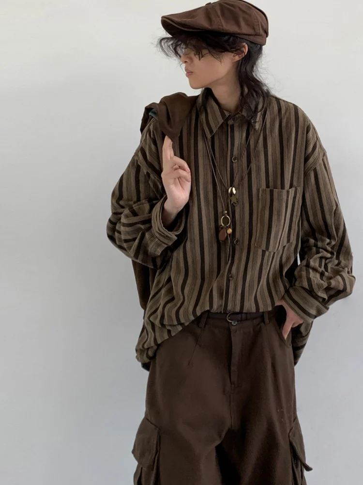 

Retro Japanese Style Long Sleeve Striped Shirt Spring Autumn Unisex Loose Casual Classic Square Collar Coat for Men And Women