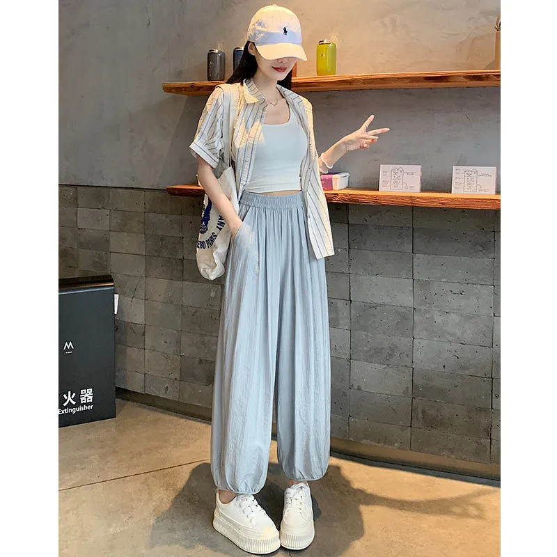 Spring Summer Thin Ice Silk Loose Slimming Nine Points Harlan Pants Lantern Pants Spor Casual High Waist Trousers Commuting 2025