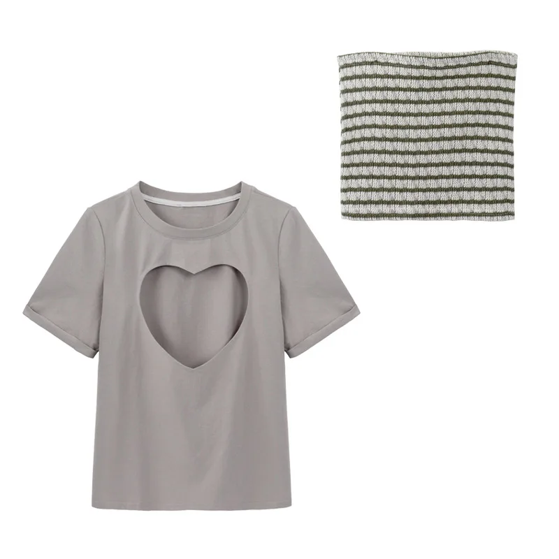 Women's Love Shape Hollow Out T-Shirts Tube Sets Y2k Fashion Short Sleeve Casual Tops for Outdoor Dating Novelty Summer Clubwear