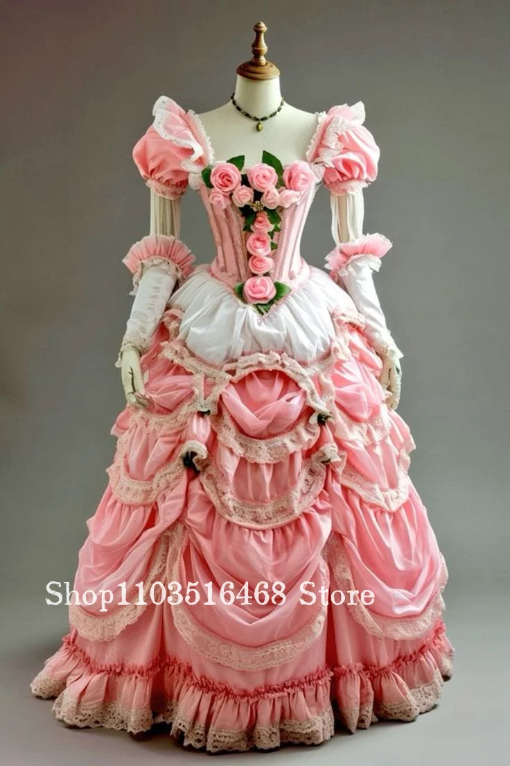 

Customised Pink Vintage Victorian Gothic Prom Dress 3D Floral Off-Shoulder Embroidered Corset Gown School Dance Dress
