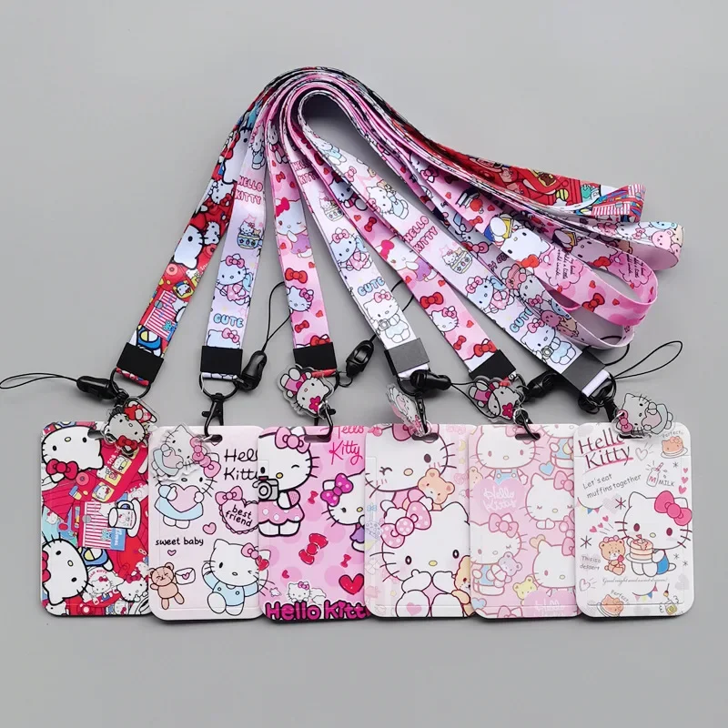 New Hello Kitty Anime Figures Card Wallets Kawaii Cartoon Peripherals Id Card Holders Action Figure Long Rope Credential Holder