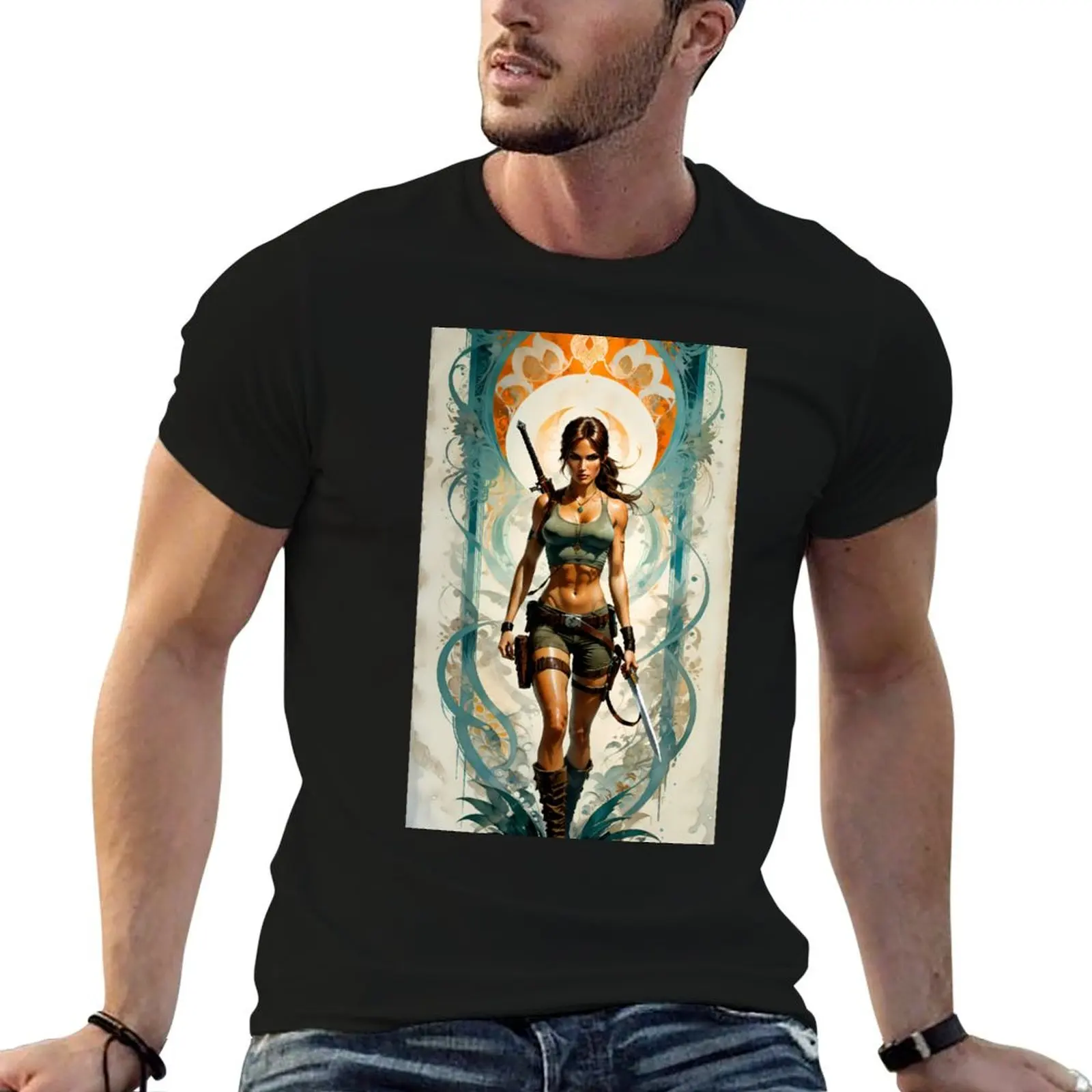 

Lara croft inspired art nouveau design T-Shirt man t shirts high quality luxury brand t shirts for man cotton funny T-Shirt